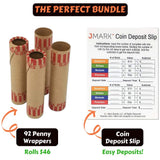 J Mark Burst Resistant Preformed Penny Coin Roll Wrappers, MADE IN USA, 92-Count Heavy Duty Cartridge-Style Coin Roller Tubes, Includes J Mark Coin Deposit Slip