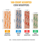 Coin Roll Wrappers 1000-Count Assorted Coin Papers Bundle of 250 Each Quarters Nickels Dimes Pennies