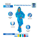 Emergency Family Rain Ponchos Extra Thick – 10 Pack Disposable Plastic Raincoat Bundled with Shoe Covers for Adults and Kids – Assorted Colors and 100% Waterproof Rain Gear