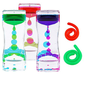 Liquid Motion Bubbler Sensory Toys – 5 Pc Set Bundle Stretchy String Fidget Toys Timer for Stress Relief and Anxiety Relief Great for Toddler, Children, Kids, Adults, Seniors, ADHD Autism ADD Figit