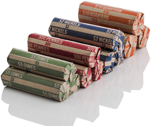 J Mark 100 Count Assorted Flat Coin Roll Wrappers, MADE IN USA, 25 Each of Quarter, Penny, Nickel and Dime Rollers and J Mark Coin Deposit Slip