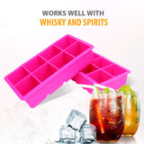 Bella Ice Cube Molds & Trays- Set of 2 Silicone Extra Large Ice Mold Trays for 8 Square Ice Cubes each. 2 Inch Jumbo Cavity Ice Cubes, Pink