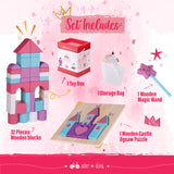 Large Building Wooden Blocks for Toddlers - with Princess Wooden Jigsaw Puzzles & Magic Wand - Educational Building Blocks for Toddlers Preschool Kids Ages 1 2 3 Year Old - Toys Girl Gifts Set