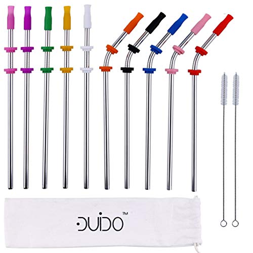 Reusable Straws Stainless Steel Straws -(10 Pack) with Silicone Tips, Cleaning Brushes and Storage Pouch - 8.5 inch Reuse Straight and Curved Drinking Straws Metal Straw Fits Yeti, Tervis, Rtic, …