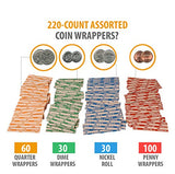 Coin Roll Wrappers -(220 Pack) Assorted Flat Coin Papers Bundle of Quarters Nickels Dimes Pennies