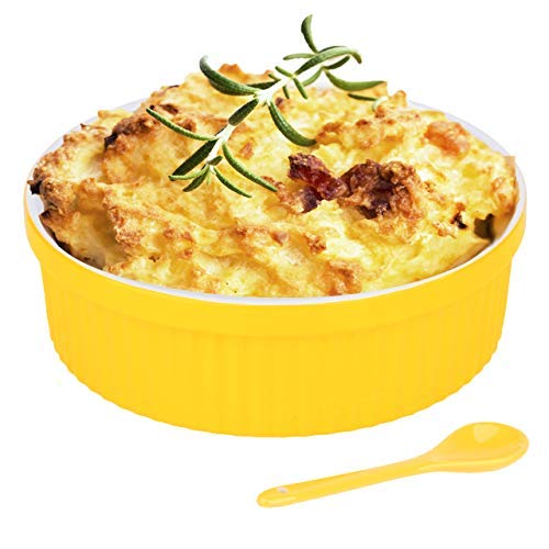 Souffle Dish Ramekins for Baking – 32 Oz, 1 Quart Large Ceramic Oven Safe Round Fluted Bowl with Mini Condiment Spoon for Soufflé Pot Pie Casserole Pasta Roasted Vegetables Baked Desserts (Yellow Set)