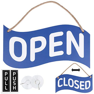 Open Closed Sign for Business – Bundle with 2 Suction Cup, Pull and Push Stickers - Red/Blue Double-Sided Open Signs for business is the Ideal for Restaurant Stores Bar Windows or Doors