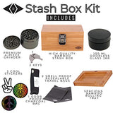 Premium Stash Box Kit with Lock – and Bamboo Wood Rolling Tray Combo, 100 mL Airtight UV Smell Proof Jar, Premium Grinder with Magnetic Lid, Charcoal Bag, 2 Discreet Odorless Resealable Bags