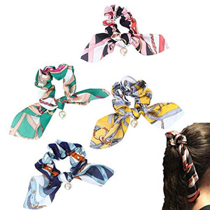 Hair Scarf Scrunchies Ponytail Holder  (4 PACK - CHAINS & PEARLS) Unique Hair Ties Designs to match Different Outfits  Satin Silk Hair Bands for Women