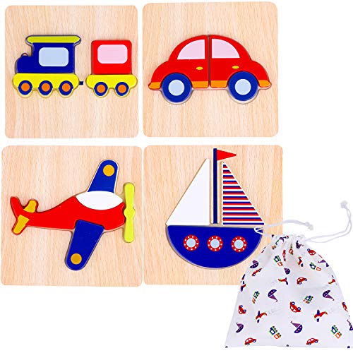 Toddler Wooden Jigsaw Puzzles Chunky – (Pack of 4) Educational Toys for Preschool Kids Ages 1 2 3 year old Boys or Girls Gift with Matching Canvas Bag - Transportation Vehicle Set Learn Colors Shapes