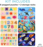 Wooden Toddler Puzzles (6-Pack) and Storage Rack, Peg Puzzles, Alphabet, Numbers, Shapes, Animals