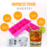 Bella Ice Cube Molds & Trays- Set of 2 Silicone Extra Large Ice Mold Trays for 8 Square Ice Cubes each. 2 Inch Jumbo Cavity Ice Cubes, Pink