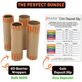 J Mark Burst Resistant Preformed Quarter Coin Roll Wrappers, MADE IN USA, 60-Count Heavy Duty Cartridge-Style Coin Roller Tubes, Includes J Mark Coin Deposit Slip