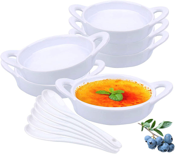 Souffle Dish Ramekins for Baking – 5 Ounce (Set of 6, White with 6 Extra Spoons) 5 Oz, Half Cup Ceramic Oven Safe Round Ramekin Bowls for Desserts Puddings Souffle Condiments Sauces Dips Dressings Desserts Puddings Custards Cups