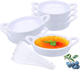 Souffle Dish Ramekins for Baking – 5 Ounce (Set of 6, White with 6 Extra Spoons) 5 Oz, Half Cup Ceramic Oven Safe Round Ramekin Bowls for Desserts Puddings Souffle Condiments Sauces Dips Dressings Desserts Puddings Custards Cups