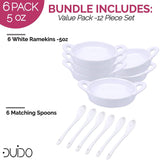 Souffle Dish Ramekins for Baking – 5 Ounce (Set of 6, White with 6 Extra Spoons) 5 Oz, Half Cup Ceramic Oven Safe Round Ramekin Bowls for Desserts Puddings Souffle Condiments Sauces Dips Dressings Desserts Puddings Custards Cups