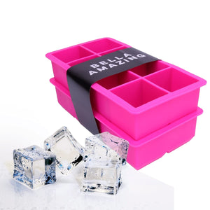 Bella Ice Cube Molds & Trays- Set of 2 Silicone Extra Large Ice Mold Trays for 8 Square Ice Cubes each. 2 Inch Jumbo Cavity Ice Cubes, Pink