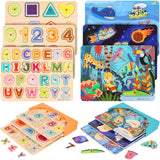 Wooden Toddler Puzzles (6-Pack) and Storage Rack, Peg Puzzles, Alphabet, Numbers, Shapes, Animals