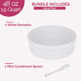 Souffle Dish Ramekins for Baking – 48 Oz, 1.5 Quart Large Ceramic Oven Safe Round Fluted Ramekin Bowl with Mini Condiment Spoon for Soufflé Pot Pie Casserole Pasta Roasted Vegetables Baked Desserts