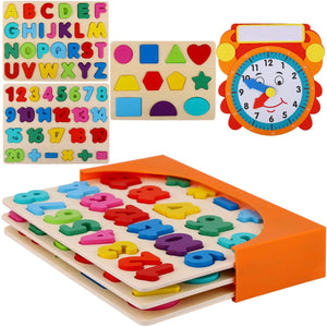 Wooden Toddler Puzzles and Rack Set - (3 Pack) Bundle with Storage Holder Rack and Learning Clock - Kids Educational Preschool Puzzles for Children Boys Girls – Letters, Numbers and Shapes