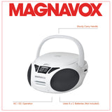 Magnavox MD6924-WH Portable Top Loading CD Boombox with AM/FM Stereo Radio in White and Black | CD-R/CD-RW Compatible | LED Display | AUX Port Supported | Programmable CD Player |