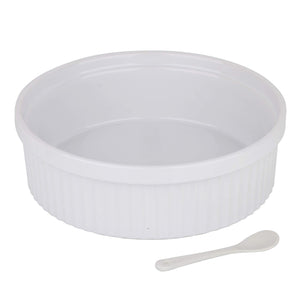 Souffle Dish Ramekins for Baking – 48 Oz, 1.5 Quart Large Ceramic Oven Safe Round Fluted Ramekin Bowl with Mini Condiment Spoon for Soufflé Pot Pie Casserole Pasta Roasted Vegetables Baked Desserts