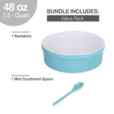 Souffle Dish Ramekins for Baking – 48 Oz, 1 Quart Large Ceramic Oven Safe Round Fluted Bowl with Mini Condiment Spoon for Soufflé Pot Pie Casserole Pasta Roasted Vegetables Desserts (Aqua/Green Set)