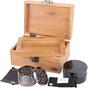 Premium Stash Box Kit with Lock – and Bamboo Wood Rolling Tray Combo, 100 mL Airtight UV Smell Proof Jar, Premium Grinder with Magnetic Lid, Charcoal Bag, 2 Discreet Odorless Resealable Bags