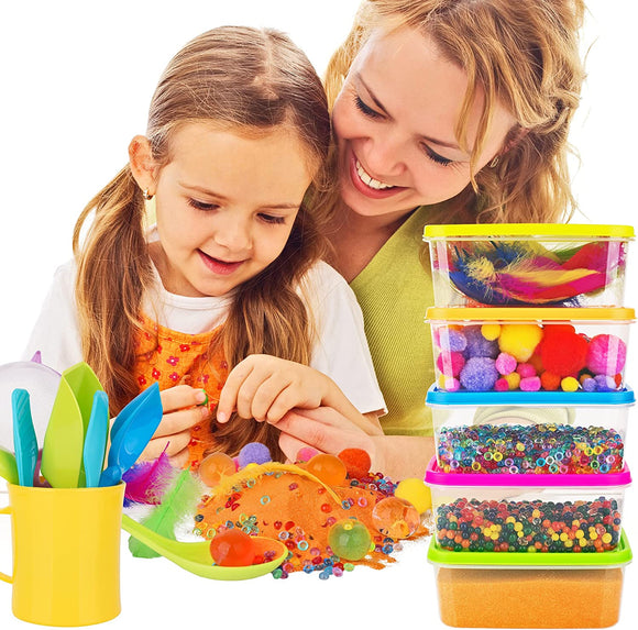 Lolo Toys Sensory Kit for Kids and Toddlers, Includes 5 Bins with Lids - Kids Box Fillers Include Sand, Feathers, Water Beads, Color Beads and Pom Poms - Play Tools Included