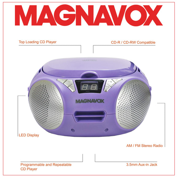 Magnavox MD6924-PL Portable Top Loading CD Boombox with AM/FM Stereo Radio in Purple | CD-R/CD-RW Compatible | LED Display | AUX Port Supported | Programmable CD Player |