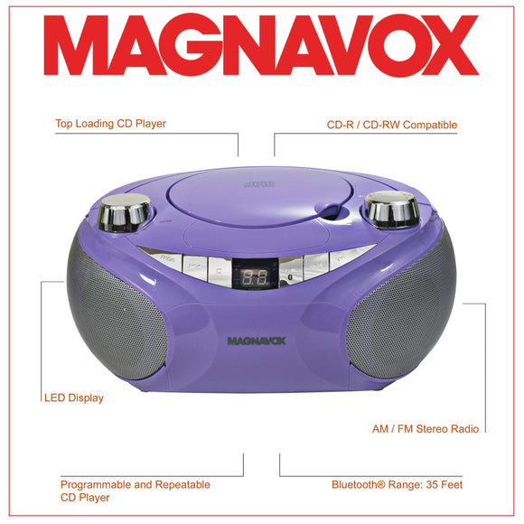 Magnavox MD6949-PL Portable Top Loading CD Boombox with AM/FM Stereo Radio and Bluetooth Wireless Technology in Purple | CD-R/CD-RW Compatible | LED Display |