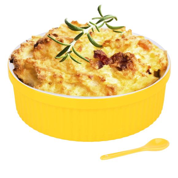 Souffle Dish Ramekins for Baking – 48 Oz, 1 Quart Large Ceramic Oven Safe Round Fluted Bowl with Mini Condiment Spoon for Soufflé Pot Pie Casserole Pasta Roasted Vegetables Baked Desserts (Yellow Set)