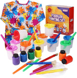 Washable Tempera Kids Paint Set – 32-Piece Painting Set with Spill Proof Paint Cups, Paint Brushes, Art Smock, Non Toxic Water Based Tempera Paint, Mixing Palette