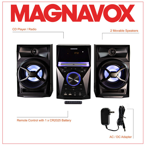 Magnavox MM441 3-Piece CD Shelf System with Digital PLL FM Stereo Radio, Bluetooth Wireless Technology, and Remote Control in Black | Blue Colored Speaker Lights | LED Display | AUX Port Compatible |