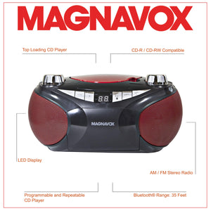 Magnavox MD6949 Portable Top Loading CD Boombox with AM/FM Stereo Radio and Bluetooth Wireless Technology in Red and Black | CD-R/CD-RW Compatible | LED Display |