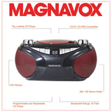 Magnavox MD6949 Portable Top Loading CD Boombox with AM/FM Stereo Radio and Bluetooth Wireless Technology in Red and Black | CD-R/CD-RW Compatible | LED Display |