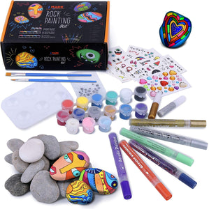 Rock Painting Kit - 42 Piece Rock Paint Bundle- Rocks, Acrylic Paint Markers, Glow in the Dark, Metallic and Acrylic Paints, Transfer Stickers, Gems, Googly Eyes, Glitter Glues, Paint Palette, Brushes