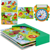 Wooden Toddler Puzzles and Rack Set - (3 Pack) Bundle with Storage Holder Rack and Learning Clock - Kids Educational Preschool Peg Puzzles for Children Boys Girls – Safari, Dinosaur and Farm Animals