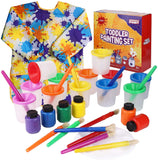 Washable Tempera Kids Paint Set – 32-Piece Painting Set with Non Toxic Water Based Tempera Paint, Spill Proof Paint Cups, Paint Brushes, Art Smock, , Mixing Palette