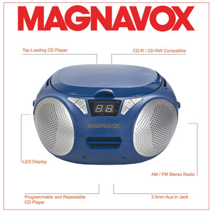 Magnavox MD6924-BL Portable Top Loading CD Boombox with AM/FM Stereo Radio in Blue | CD-R/CD-RW Compatible | LED Display | AUX Port Supported | Programmable CD Player |