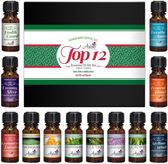 Top 12 Essential Oils Gift Set for Diffuser - Christmas Gifts for Mom, Grandma, Women, Wife, Her for Aromatherapy by Aviano Botanicals