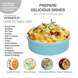 Souffle Dish Ramekins for Baking – 48 Oz, 1 Quart Large Ceramic Oven Safe Round Fluted Bowl with Mini Condiment Spoon for Soufflé Pot Pie Casserole Pasta Roasted Vegetables Desserts (Aqua/Green Set)