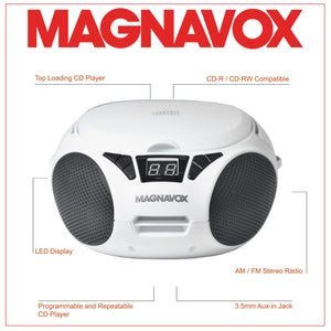 Magnavox MD6924-WH Portable Top Loading CD Boombox with AM/FM Stereo Radio in White and Black | CD-R/CD-RW Compatible | LED Display | AUX Port Supported | Programmable CD Player |