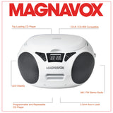 Magnavox MD6924-WH Portable Top Loading CD Boombox with AM/FM Stereo Radio in White and Black | CD-R/CD-RW Compatible | LED Display | AUX Port Supported | Programmable CD Player |