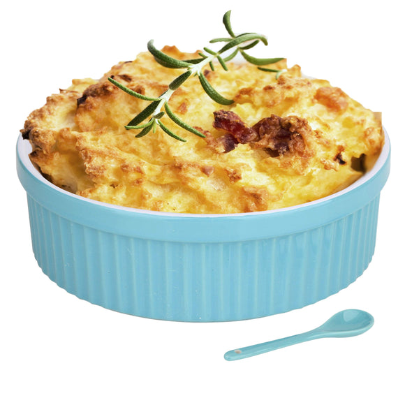 Souffle Dish Ramekins for Baking – 48 Oz, 1 Quart Large Ceramic Oven Safe Round Fluted Bowl with Mini Condiment Spoon for Soufflé Pot Pie Casserole Pasta Roasted Vegetables Desserts (Aqua/Green Set)