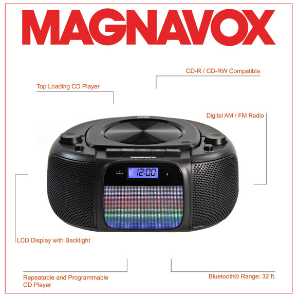 Magnavox MD6972 Portable Top Loading CD Boombox with Digital AM/FM Stereo Radio, Color Changing Lights, and Bluetooth Wireless Technology | CD-R/CD-RW Compatible | LCD Display |