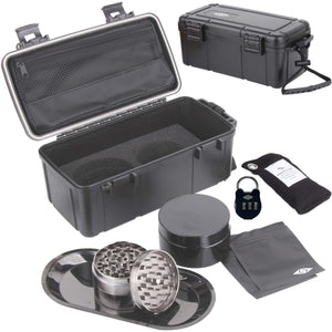 Waterproof Stash Box Combo with Lock – Steel Rolling Tray , 100 mL Airtight UV Smell Proof Jar, Premium Grinder with Magnetic Lid, Charcoal Bag, 2 Odorless Resealable Bags and Accessories Kit Pouch