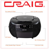 Craig CD6951 Portable Top-Loading CD Boombox with AM/FM Stereo Radio and Cassette Player/Recorder in Black | 6 Key Cassette Player/Recorder | LED Display |