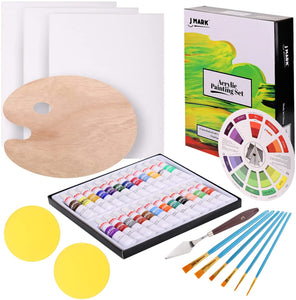 Painting Kit for Adults - 38 Piece Set Includes 24 Acrylic Paints, 3 Canvas, 6 Brushes, Wood Palette, Color Wheel, Spatula