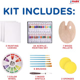 Painting Kit for Adults - 38 Piece Set Includes 24 Acrylic Paints, 3 Canvas, 6 Brushes, Wood Palette, Color Wheel, Spatula